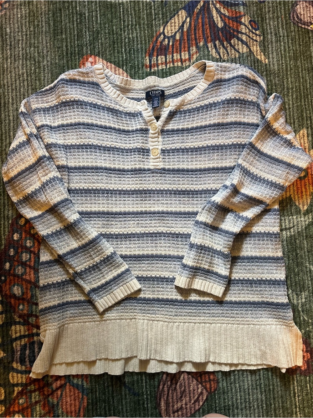 Chaps Women's Cream and Blue Stripe Knit Henley Sweater